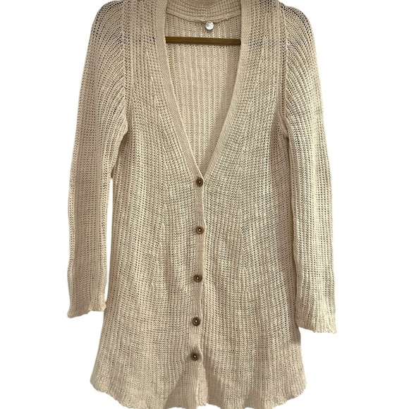 Margaret O’Leary Open Knit Sweater Cardigan Long Line Wooden Buttons Sz M - Picture 1 of 7